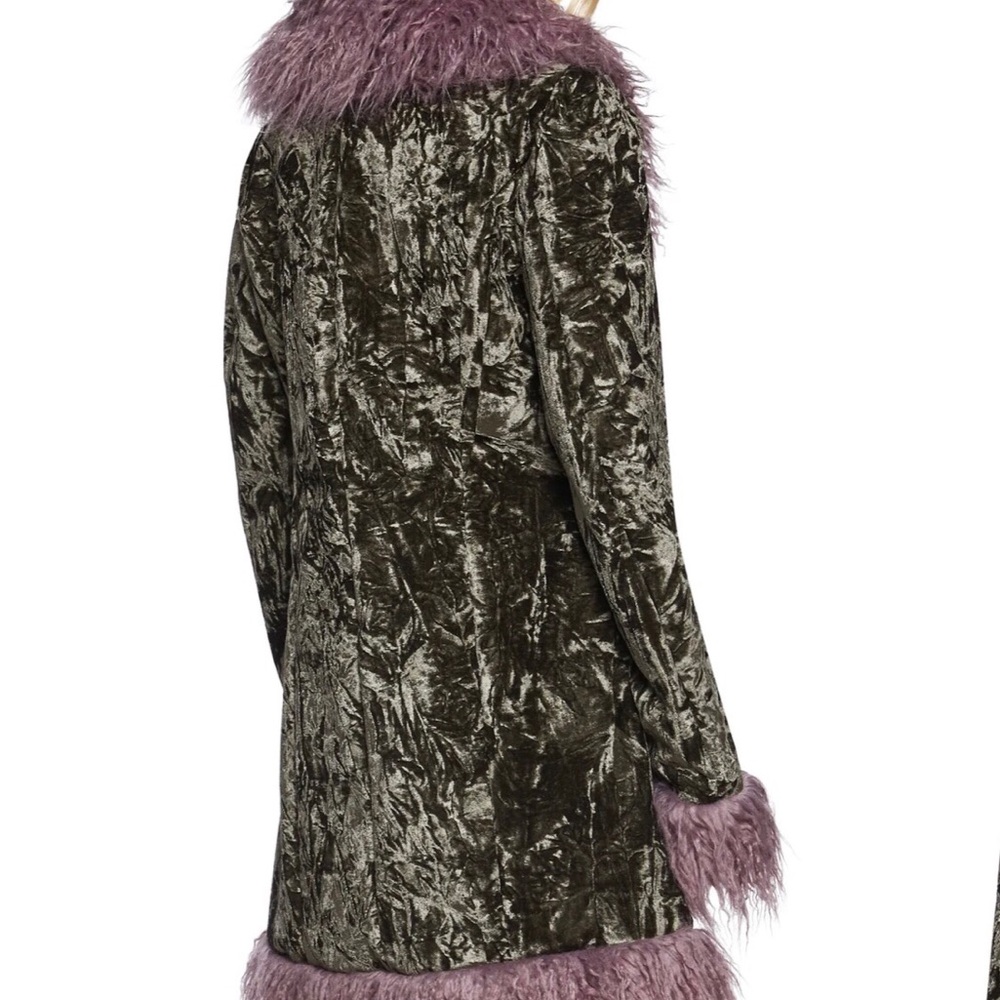 Dolls Kill Olive Velvet Coat with Lavender Faux Fur Trim - Picture 4 of 9